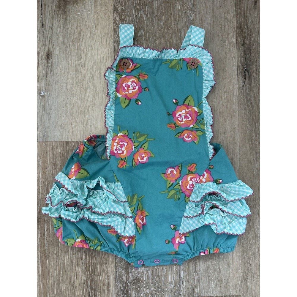 Matilda Jane Floral Bubble Romper 18-24M Aqua Gingham Ruffle Boutique